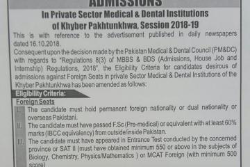 Corrigendum Admissions in Private Sector Medical and Dental Colleges 2018-19